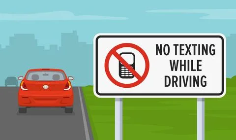 No texting while driving traffic sign. Don't use phone, don't text and drive. Stock Illustration