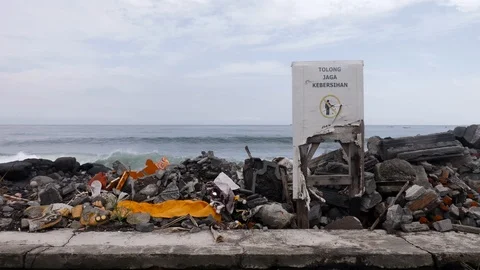 No Trash sing label on the beach full of plastic ecology catastrophe 4k Stock Footage 102551191