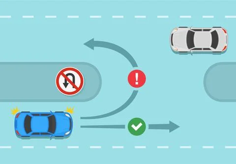 No u-turn traffic or road sign meaning. Correct and incorrect motion of a car. Stock Illustration