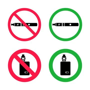 No vaping and vaping area signs. Red forbidden and green allowed circles signs Stock Illustration
