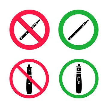 No vaping and vaping area signs. Red forbidden and green allowed circles signs Stock Illustration