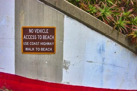 No Vehicle Access Beach Sign on Concrete Wall with Succulents Laguna Beach .. Foto stock