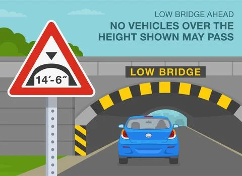 No vehicles over the height shown may pass. Red car is reaching a low bridge. Ilustração Stock