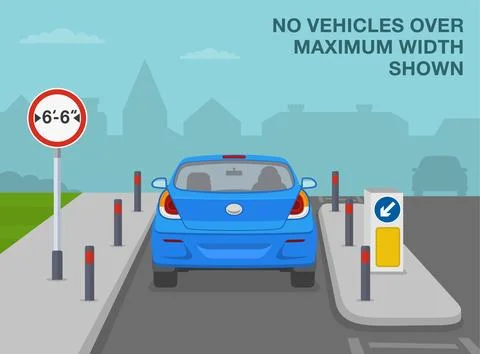 No vehicles over maximum width shown. Car approaching traffic island. Stock Illustration