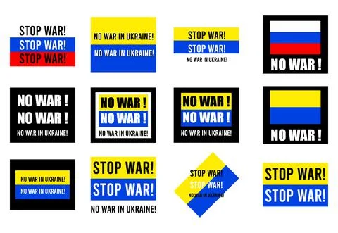 No war in Ukraine.Stor war. Flags of Ukraine and Russia inscription - no war in Stock Illustration