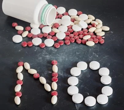 NO write of red, white, yellow drugs pills, open plastic bottle, powder, no d Stock Photos