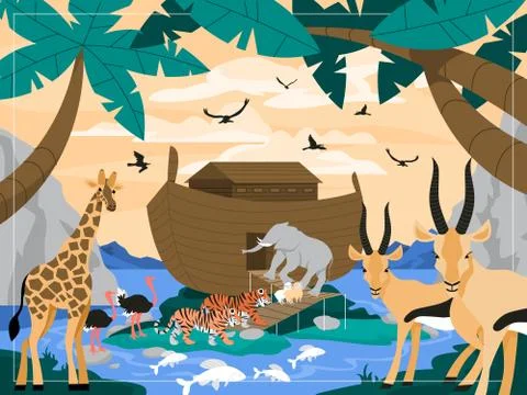 Noah with animals and arc genesis illustration Stock Illustration