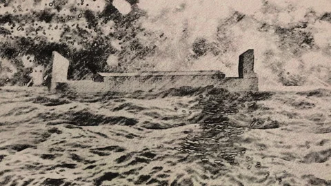 Noah Ark Drifting in a Stormy Sea Under a Rain Storm Sketch Stock Footage 219214593