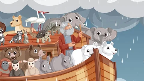 Noah ark sailing on ocean waves with animals during heavy rain and storm an.. Stock Footage 333697185