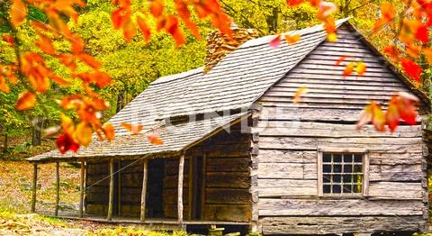 Noah Bud Ogle Cabin framed red autumn leaves