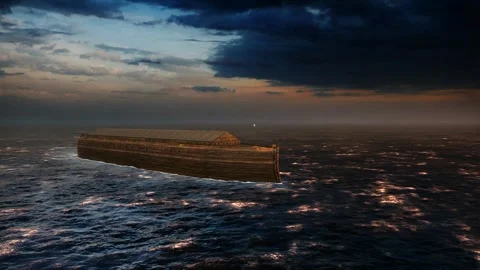 Noahs Ark in the open ocean find a land with bird over the board Vídeo Stock 308962450