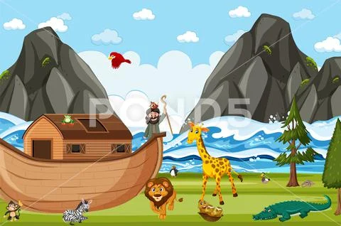 Noah's Ark with wild animals in nature scene Illustration #203817828