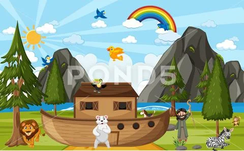 Noah's Ark with wild animals in nature scene ~ Clip Art #204766979