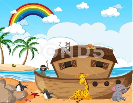 Noah's Ark with wild animals in nature scene Illustration #213454888