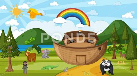 Noah's Ark with wild animals in nature scene: Graphic #217687461