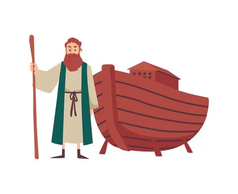 Noahs the Bible prophet and his ark boat, flat vector illustration isolated. Stock Illustration