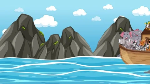 Noah's Boat with Animals Floating on Flooded Water Stock Footage 252575101