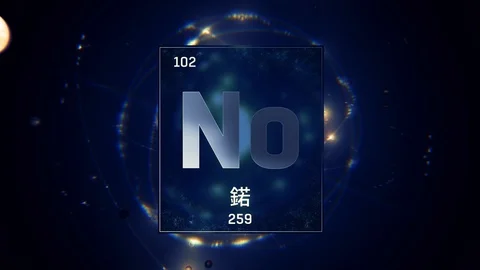 Nobelium as Element 102 of the Periodic Table 3D animation on blue background 스톡 동영상 126452372