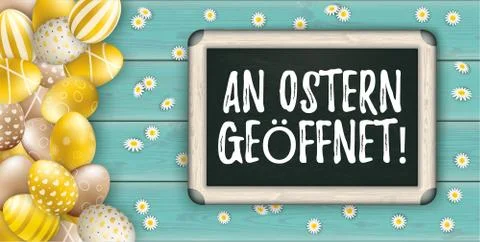 Noble Golden Easter Eggs Blackboard Wooden Turquoise Geoeffnet Header Stock Illustration