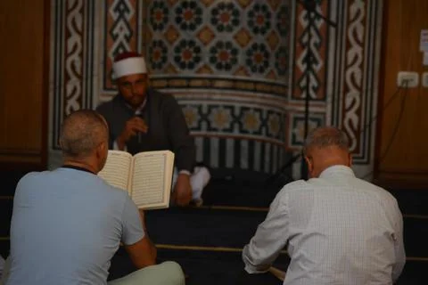 A Noble Quran reading ring inside a mosque at the day of Arafah Stock Photos