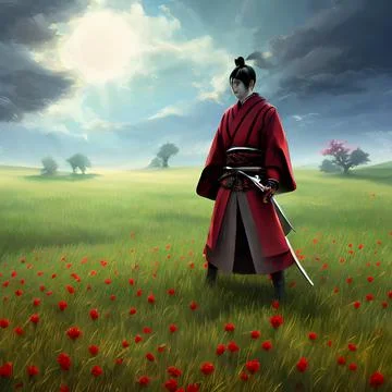 Noble samurai standing in field, vibrant colors Stock Illustration