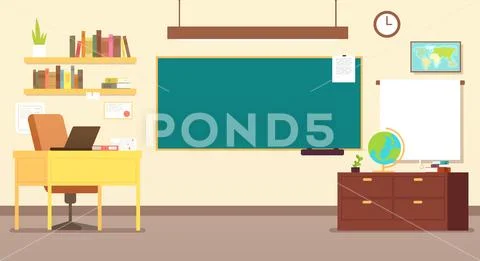 Nobody school classroom interior with teachers desk and blackboard vector Stock Illustration