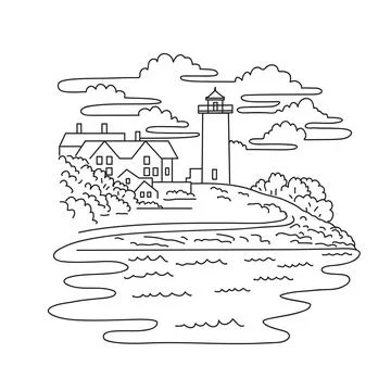 Nobska Light in Cape Cod Woods Hole Massachusetts Mono Line Art. Illustrazione stock