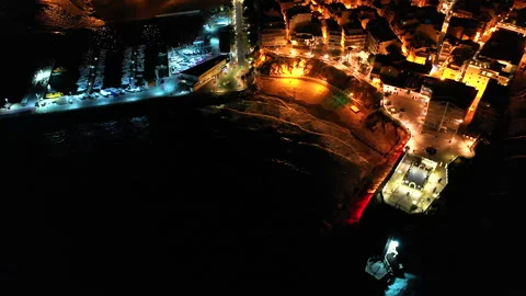 Nocturne aerial view of the Poniente Beach, Marina Benidorm and skyscrapers. Stock Footage 141345014