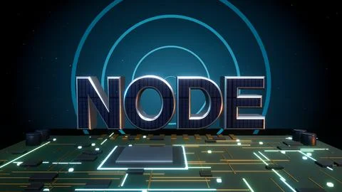 NODE 3D Text with Signal Waves on a Circuit Board Stock Illustration