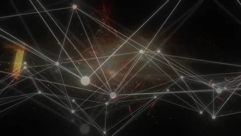 Node-and-line network pulsing as golden numerals emerging from particle bursts, Stock Footage 335638748