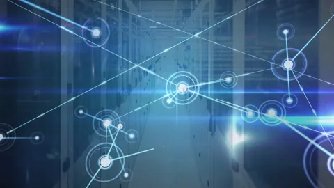 Node appearing, emitting beams over server aisle, HUD spawning links, forming Stock Footage 332772200