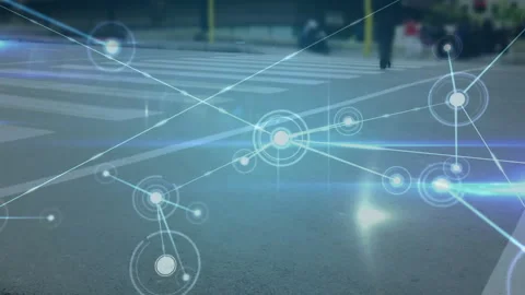 Node appearing starting network overlay pulsing links as pedestrians crossing Stock Footage 313307314