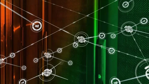 Node appearing starting overlay growing and linking nodes across orange-green Video stock 326039224