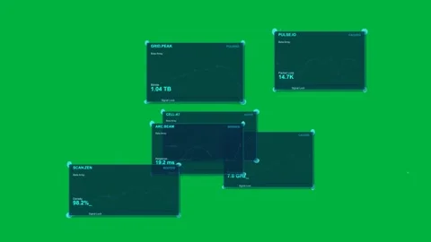 Node cluster activating, holo panels popping, updating data for network HUD on Stock Footage 333907929