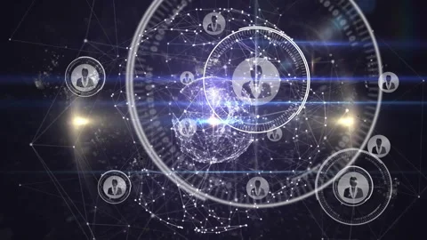 Node cluster coalescing into wireframe sphere, pulsing expanding HUD rings 스톡 동영상 311883336