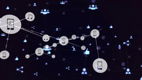 Node cluster expanding on social map, incoming data spawning glyphs and lines 動画素材 330622037