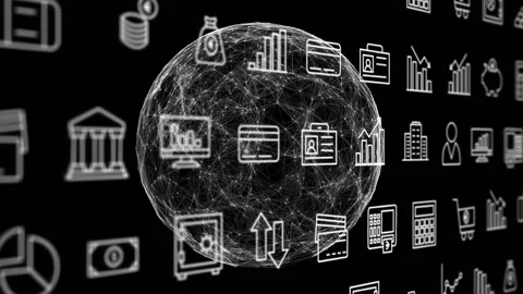 Node connection forming wireframe sphere rotating and revealing financial icons Stock Footage 313639408