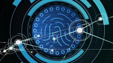 Node emerging in HUD initiating glowing network around fingerprint interface Stock Footage 317265436