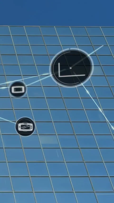 Node entering lower-left initiating chart and connecting lines on glass wall Video stock 332317498