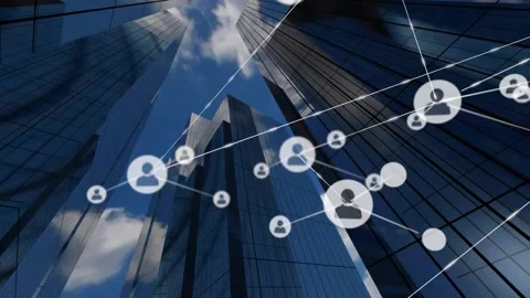 Node fading in triggers user icons spawning and connecting over glass towers Stock-Footage 317369871