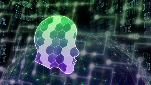 Node glow pulsing sparking head shifting, hex cells cycling green purple showing Stock Footage 333529002