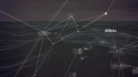 Node grid emerging over dusk sea linking points scanning vessels charting data Video stock 312415949