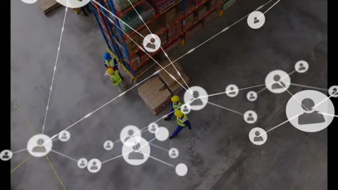 Node icon appearing near workers inspecting, network icons growing across site Video stock 309681667