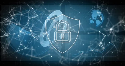 Node mesh forming, starting shield lock centering, globe fading, chart rising, 스톡 동영상 320651625