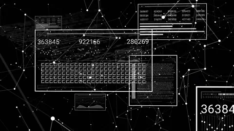 Node network appearing, panel emerging, panels updating numbers, charts, Video stock 318474774