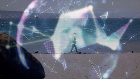 Node network emerging triggers teen walking shore while hologram globe growing, Video stock 330355620