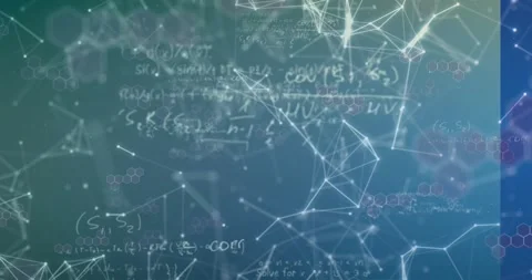 Node network reconfiguring as handwritten formulas fading in, revealing layered Video stock 326974421
