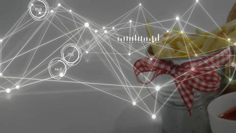 Node network shifting revealing metal cup of fries with ramekin while Stock Footage 332981524