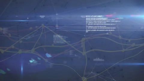 Node network starting pulse, yellow nodes pulsing, text shifting, scans Stock Footage 333774283
