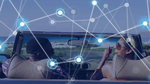 Node overlay appearing, causing driver and woman rider turning and raising arms, Vidéo 334788402